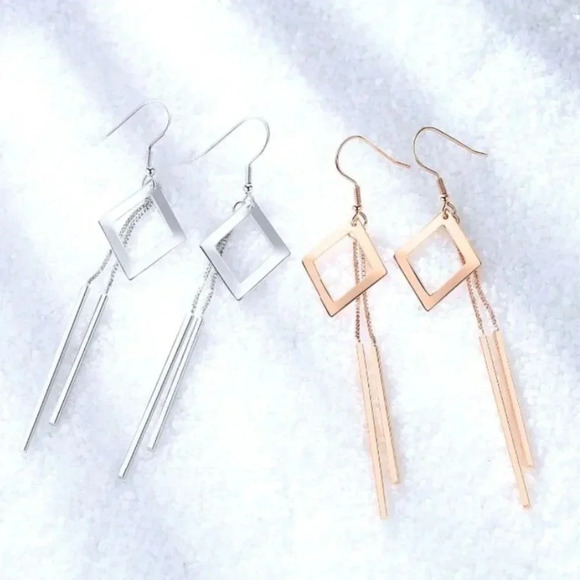 S925 Rose Gold Geometric Drop Bar Dangle Earrings - Picture 4 of 4